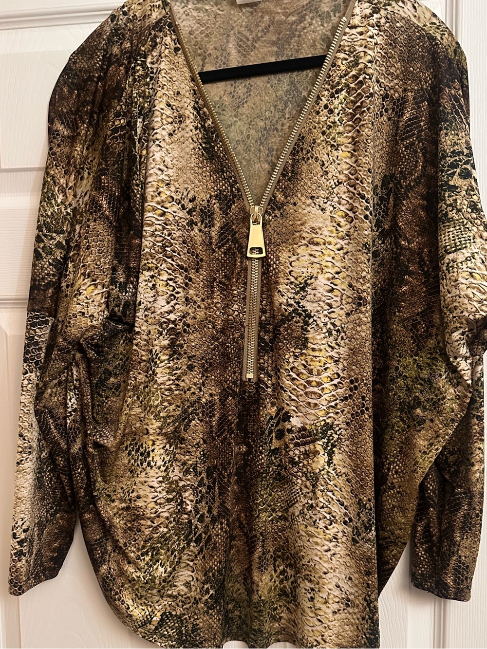 Ariella Gold-Zip Snake Print Top in Brown and Olive